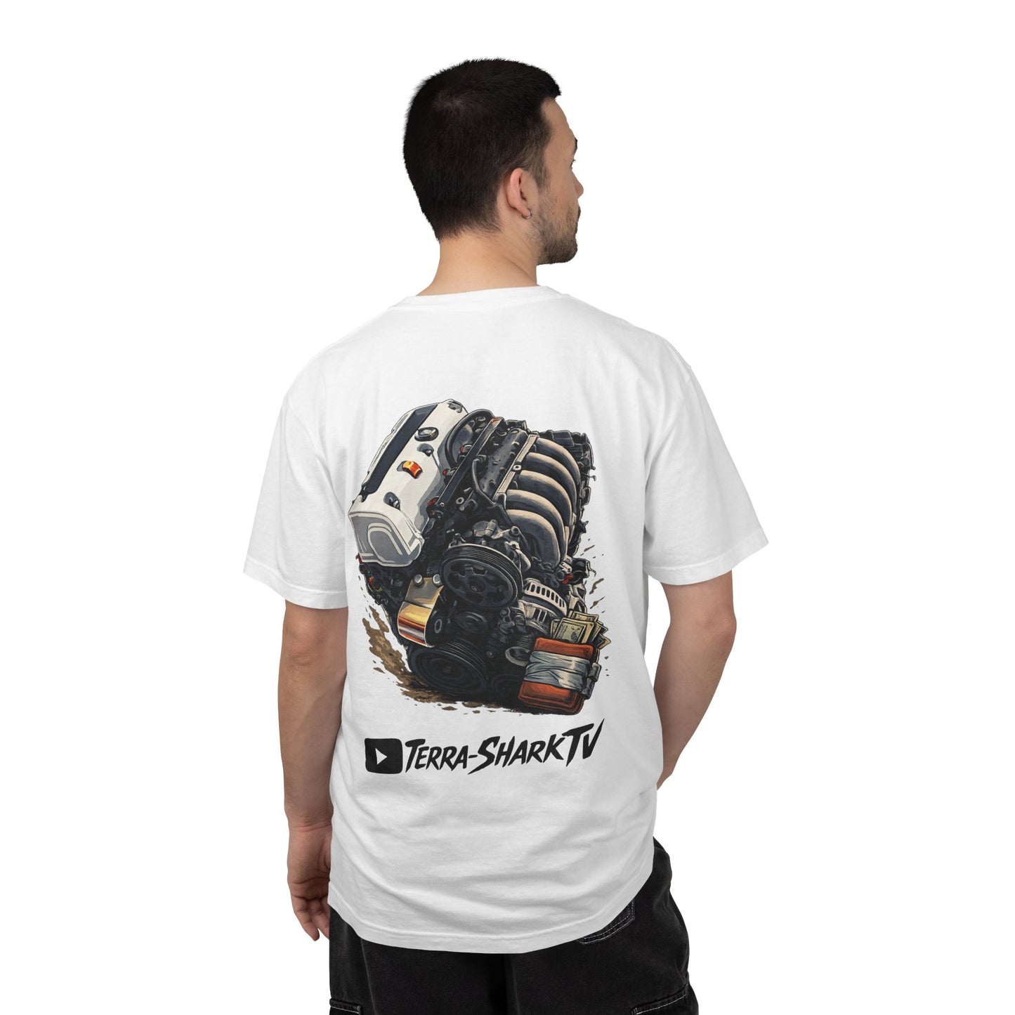 Engine Artwork Tee — "MRKTPLC MOTOR SWAP" Graphic T-Shirt (Terra-SharkTV)