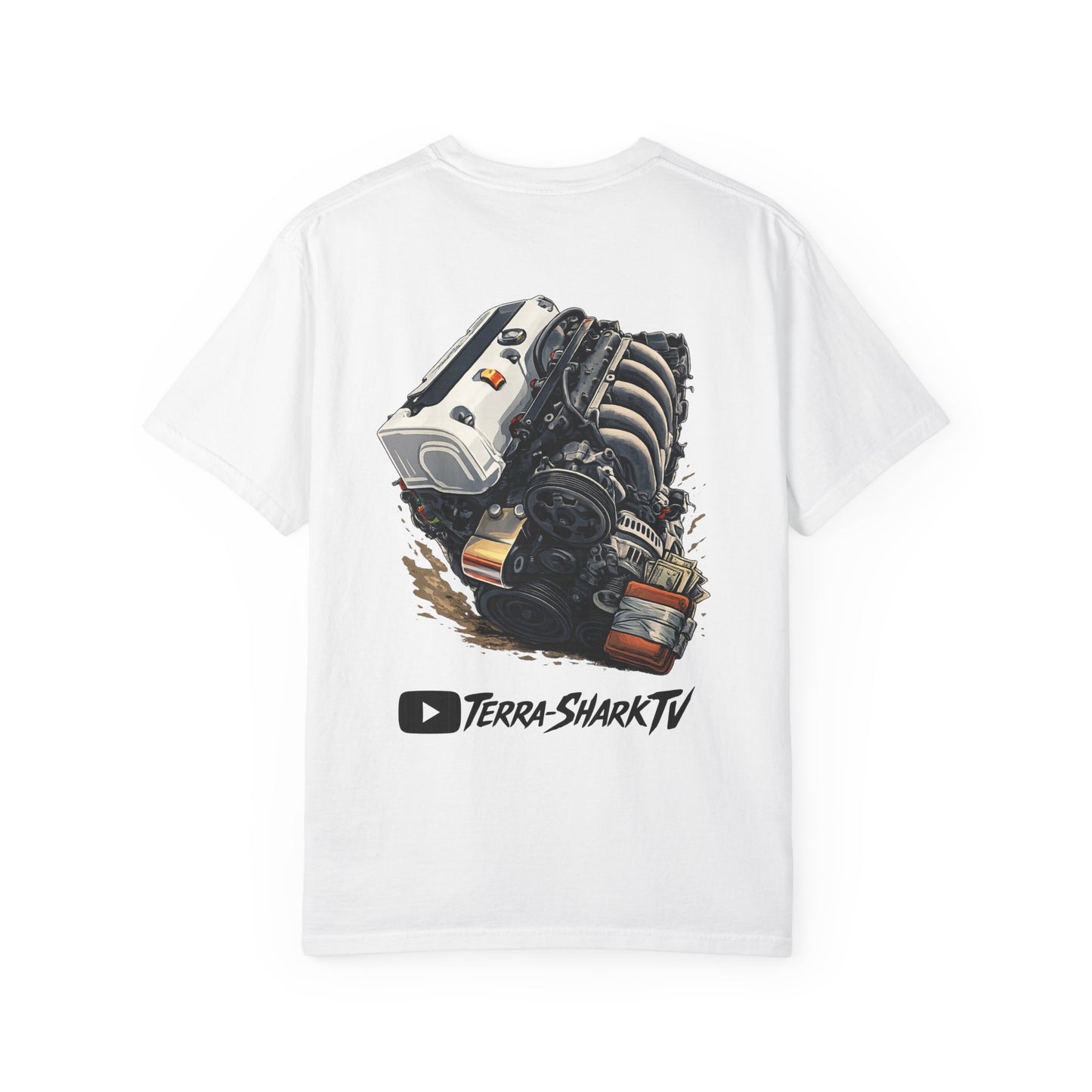 Engine Artwork Tee — "MRKTPLC MOTOR SWAP" Graphic T-Shirt (Terra-SharkTV)